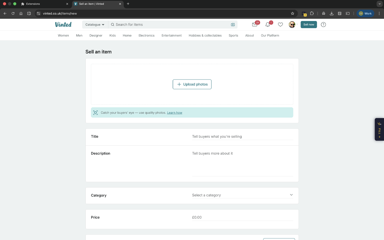Vinted sell page ready for the extension