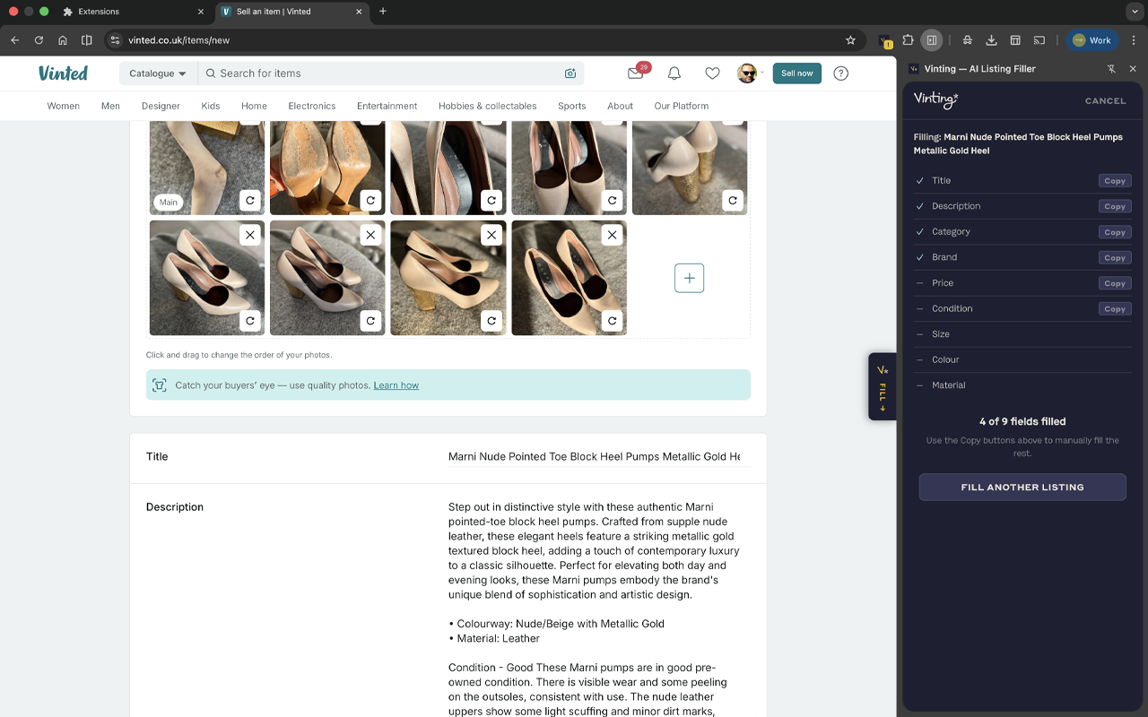 Vinting AI listing generator auto-filling a Vinted marketplace listing with title, description, price and photos