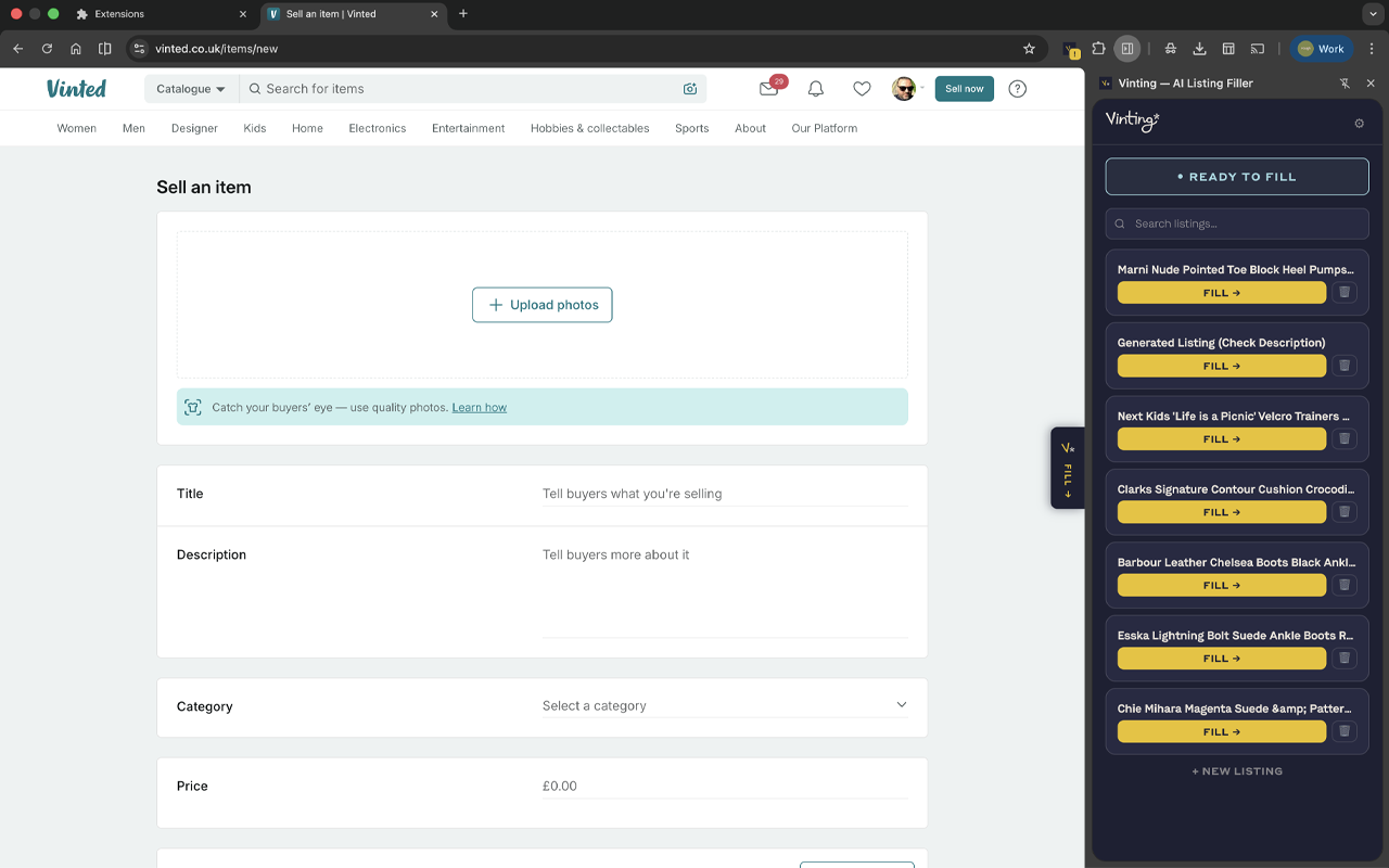 Vinting Chrome extension listing library side panel